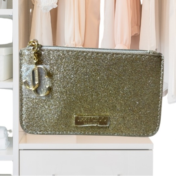 Jimmy Choo Accessories - Jimmy Choo Gold Glitter Mini Wallet Coin Card ID Pouch Charm Logo